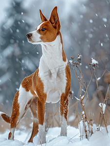 公园里巴辛吉犬的肖像冬日寒冷的一天雪花飘落