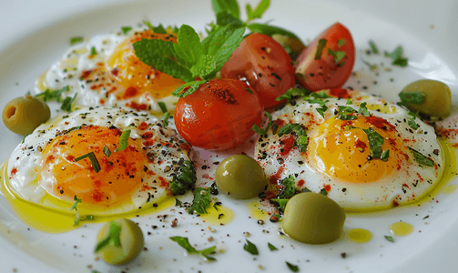 碎鸡蛋摄影照片_煎鸡蛋搭配薄荷、番茄、橄榄、黄瓜和漆树