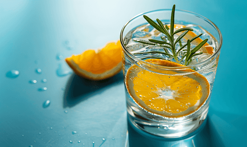 美年达橙汁广告摄影照片_蓝色背景中加橙薄荷和迷迭香的一杯水