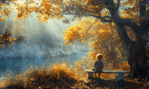 宁静的场景摄影照片_一个孤独的孩子在森林里的长椅上休息欣赏海景