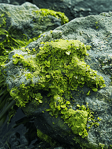 长满绿藻的海岸石头长满绿藻的石头