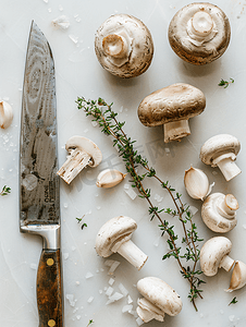 生蘑菇配百里香、新鲜大蒜、洋葱和老式刀