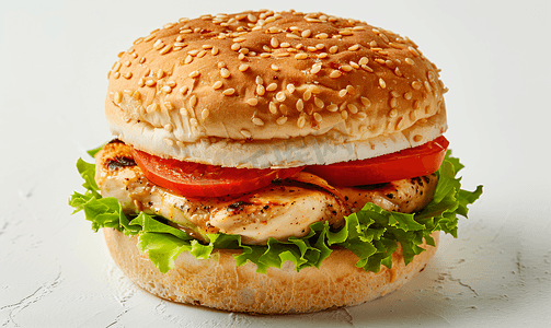 美食包子摄影照片_三明治配鸡肉汉堡西红柿和生菜
