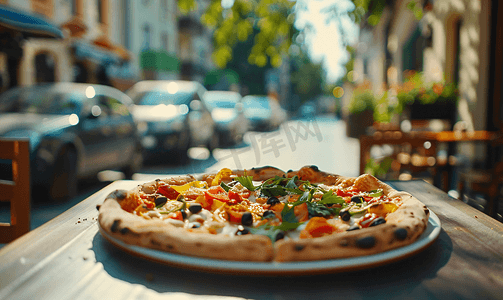 街头咖啡馆桌子上的小素食披萨