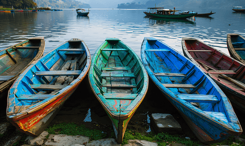 尼泊尔博卡拉湖站有很多蓝色和绿色的木船