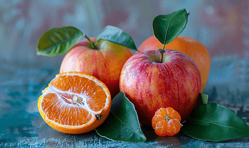 苹果和橘子放在蔬菜底座上