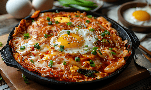 韩式美容立体花朵摄影照片_韩国料理韩式煎饼泡菜煎饼煎蛋泡菜和面粉