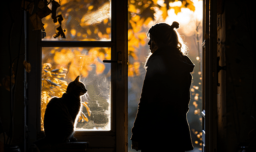 在前门等待的女人和猫的剪影