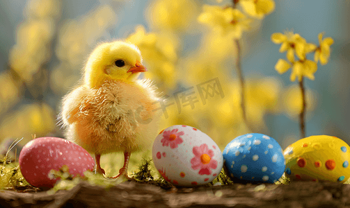 动物装饰图案摄影照片_复活节小鸡和彩绘鸡蛋