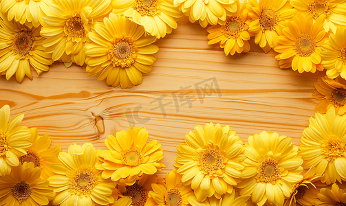 黄色的花朵摄影照片_黄色的花朵被框在木质背景上美丽的春天和节日背景