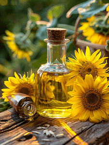 玻璃瓶中的葵花籽油和木质背景上的花朵