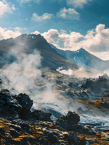 亚克力桌面立牌摄影照片_冰岛不真实的火山景观格拉博克火山上有热气腾腾的岩石