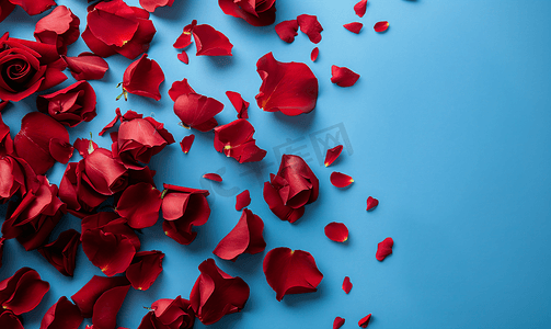 背飘落的花瓣摄影照片_红色玫瑰花瓣躺在蓝色背景上的复古风格上