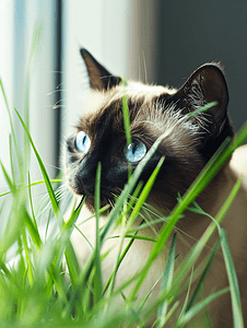 小猫跳跃摄影照片_暹罗猫考虑吃一片绿草叶