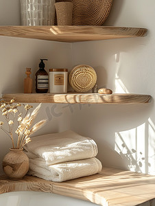 浴室木制角架浅色木质色调高清摄影图
