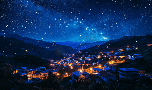 村庄明亮的夜晚星空