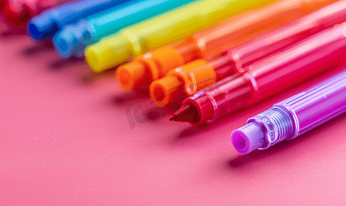 ps笔刷记号笔摄影照片_粉红色背景上的彩色记号笔创意氛围一支无盖记号笔
