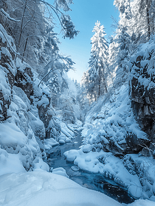 冬季森林里的雪山沟