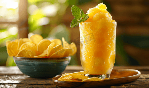 玻璃杯中的啤酒冰沙和桌上碗中的薯条是夏季流行饮品