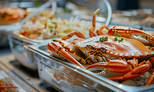 酒店餐厅的自助餐供应美味新鲜的螃蟹