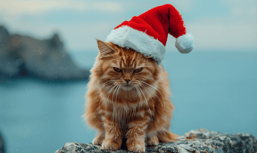 悬崖上戴着圣诞老人帽子的愤怒猫