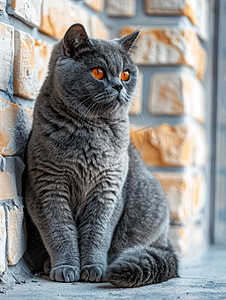 室内蓝色背景摄影照片_米色砖墙背景上橙色眼睛的灰色英国猫