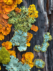 旧木板上的多彩多姿的地衣特写自然背景