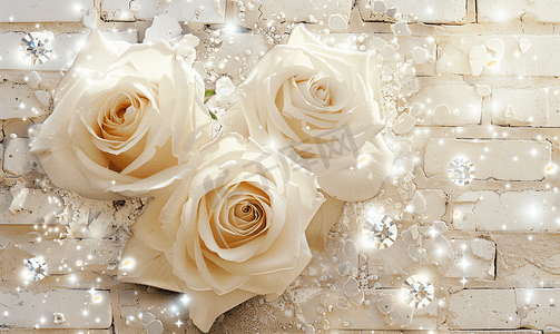 米色砖背景上有白玫瑰和莱茵石的白心