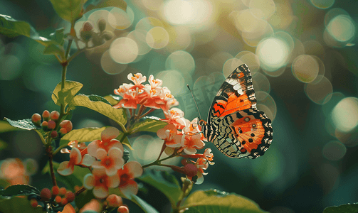 绿色自然中开花花上的蝴蝶