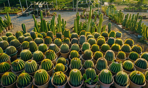 仙人掌种植园大群盆栽仙人掌的顶视图