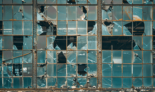 废弃厂房摄影照片_破碎的玻璃立面旧工业废弃厂房