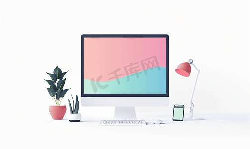 带有平面模型白色背景空间的风格化桌面模型