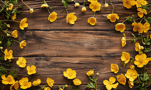 黄色的花朵被框在木质背景上美丽的春天和节日背景