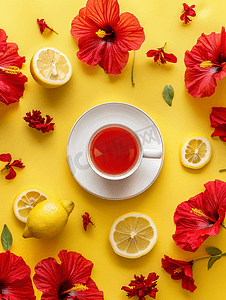 桌面背景上由一杯芙蓉茶和柠檬制成的创意布局顶部视图