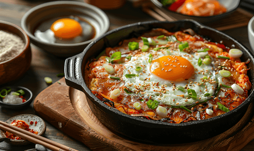 韩国料理韩式煎饼泡菜煎饼煎蛋泡菜和面粉