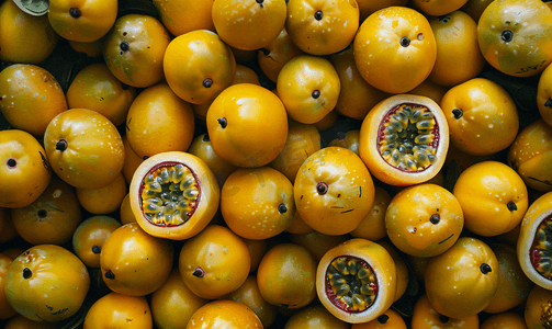 美味多汁摄影照片_百香果市场很多水果黄色多汁的水果