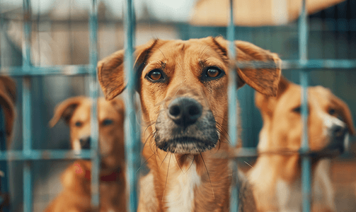 动物收容所里等待被领养的狗选择性焦点