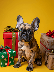 狗狗坐着摄影照片_可爱的法国斗牛犬小狗坐着拿着圣诞礼物