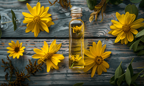 玻璃瓶中的葵花籽油和木质背景上的花朵特写