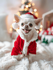 红色可爱摄影照片_房间里穿着圣诞红色西装的白色和红色吉娃娃狗在叫