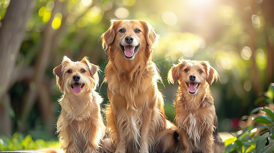 三条狗坐在阳光明媚的花园里摄影照片