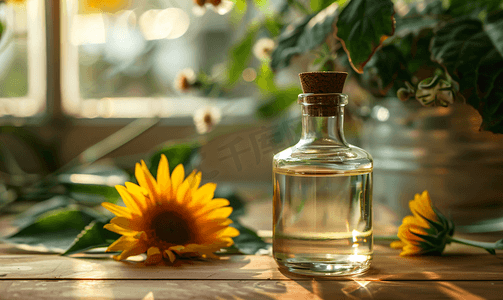 玻璃瓶中的葵花籽油和木质背景上的花朵特写