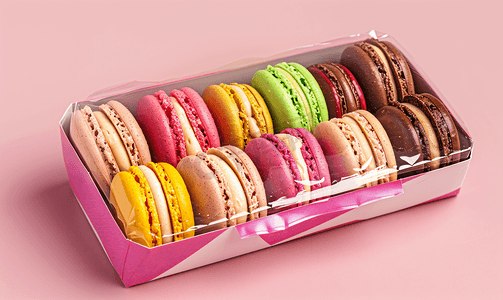样机包装袋摄影照片_粉色背景包装中的彩色法式马卡龙饼干