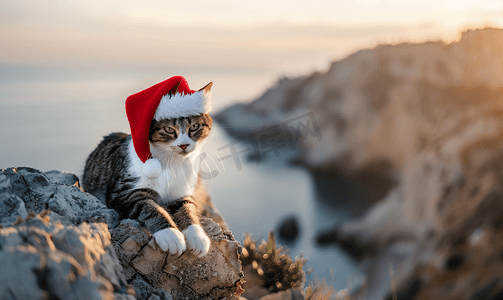 悬崖上戴着圣诞老人帽子的愤怒猫