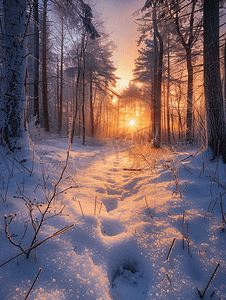 第一缕温暖的阳光照亮了冰冻的树林