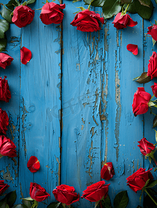 复古花蓝色摄影照片_木制蓝色背景上的红玫瑰呈框架状