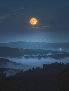 微景观瓶摄影照片_夜空中云雾缭绕的满月朦胧景观