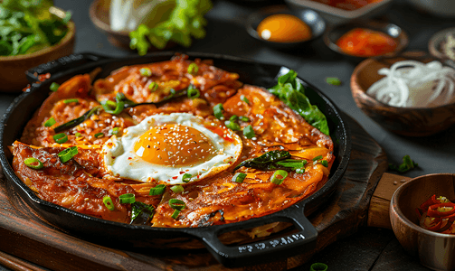 韩式美容立体花朵摄影照片_韩国料理韩式煎饼泡菜煎饼煎蛋泡菜和面粉