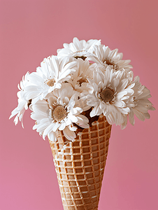 粉红色背景中的华夫饼冰淇淋中的白花