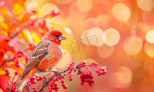 雄性家雀栖息着秋天的色彩背景